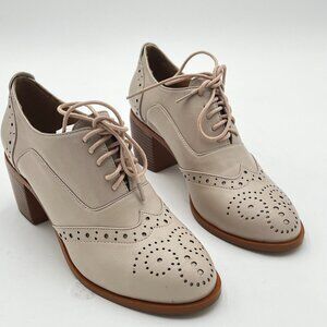 FOWTBeige Perforated Lace-Up Oxfords Almond Toe Mid Chunky Heel Brogues Shoes